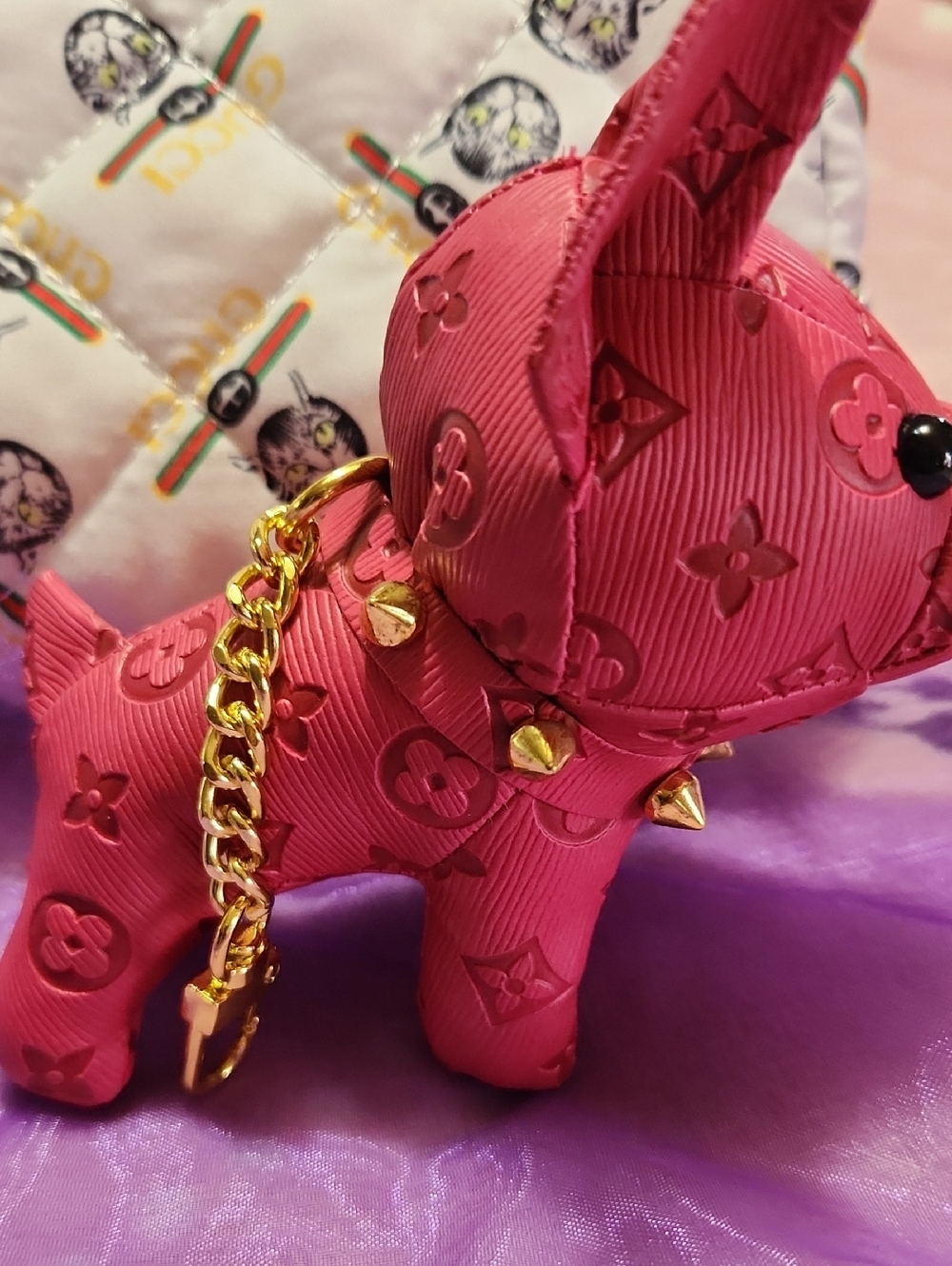 Pink Designer-Inspired Dog Charm with Gold Chain